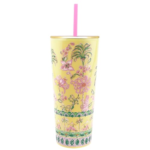 Lilly Pulitzer Double Wall Tumbler with Lid and Reusable Straw, Blue Plastic Cup, Insulated Travel Cup Holds 24 Ounces, Tropical Oasis