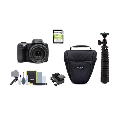 Kodak PIXPRO AZ528 16MP Astro Zoom Digital Camera with 52x Zoom Bundle and 3-Inch LCD Display (Black) with 64GB Memory Card, Rechargeable Battery and Charger, Tripod, Case and Accessory Kit (5 Items)