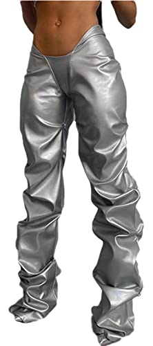 LROSEY Women's Metallic Stacked Hipster Faux Leather PU Pants Ruched V Waist Trousers Leggings (Silver, S)