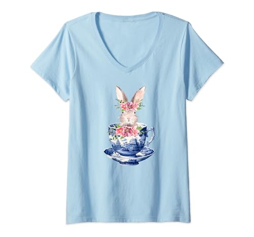 Chinoiserie Tea Cup Watercolor Bunny Flowers Cottagecore V-Neck T-Shirt