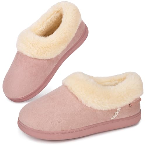 EverFoams Women's Faux Fur Bootie Slippers Ladies House Shoes with Bedroom Memory Foam and Indoor Outdoor Rubber Sole Pink, 7-8 US
