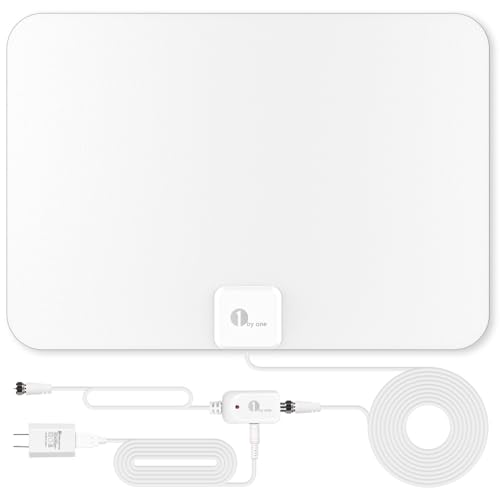 1byone Amplified HD Digital TV Antenna - Support 4K 1080p and All Older TV's - Indoor Smart Switch Amplifier Signal Booster - Coax HDTV Cable/AC Adapter (White)