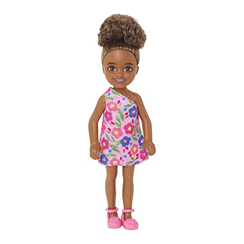 Barbie Chelsea Doll (Brunette Curly Hair) Wearing One-Shoulder Flower-Print Dress and Pink Shoes, Toy for Kids Ages 3 Years Old & Up