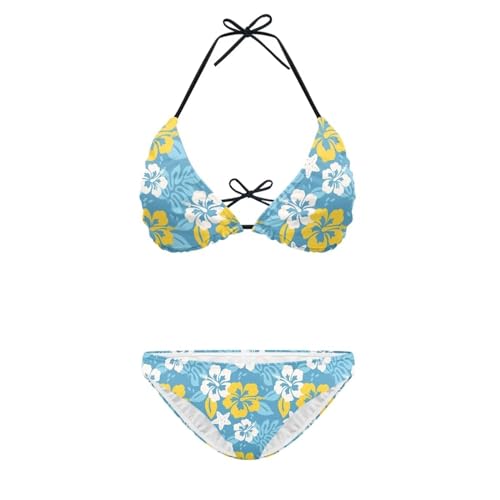 Xoenoiee Women’s Halter Bikini Set Hibiscus Floral Blue Pattern Two Piece Swimsuit with Padded Up Top and Triangle Bottom Cheeky Bathing Suit Tie Back, Size XL