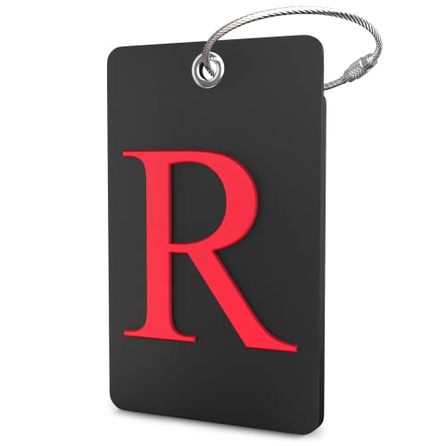 Luggage Tag Initial - Fully Bendable Tag w/Stainless Steel Loop (Black) (Letter R)