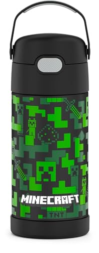 THERMOS FUNTAINER Water Bottle with Straw - 12 Ounce, Minecraft - Kids Stainless Steel Vacuum Insulated Water Bottle with Lid
