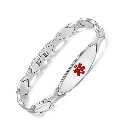 LinnaLove Fashion Shiny medical alert bracelet with Free Engraving Stainless steel Medical id bracelet for Women (Steel-7.5 in)