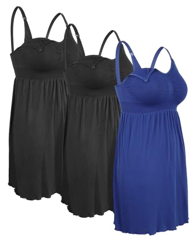 iloveSIA 3PACK Maternity Nursing Dresses Breastfeeding Dress Nightgown Tops for Labor/Delivery/Hospital Black+Black+Blue Size L