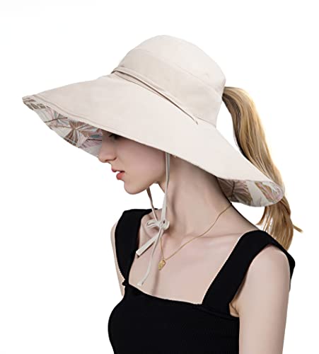 Koreshion Women Ponytail Sun Hat Reversible Fishing Hat Foldable Bowknot Summer Hat UPF 50+ Beach Cap Wide Brim Bucket Hat Beige