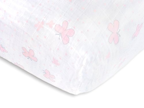 SwaddleDesigns Softest Cotton Muslin Fitted Crib Sheet/Toddler Sheet for Baby Boy & Girl, Pink Butterflies