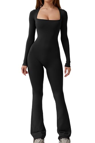 QINSEN Long Sleeve Jumpsuits for Women Square Neck Wide Leg Full Length Romper Playsuit Black L