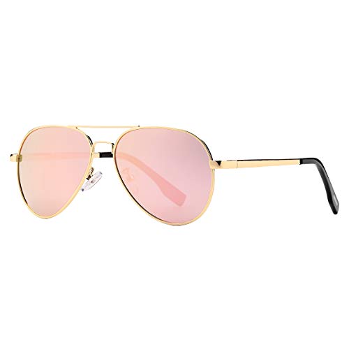 Gleyemor Kids Polarized Aviator Sunglasses for Juniors Teenagers Age 8-18 (Gold/Pink Mirror)
