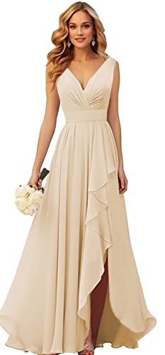 TORYEMY Champagne Bridesmaid Dresses Long for Wedding Chiffon Prom Dress with Slit Ruffle Evening Dresses V Neck Size 12