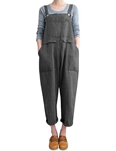 Gihuo Women's Fashion Baggy Loose Linen Overalls Jumpsuit Oversized Casual Sleeveless Rompers with Pockets (Grey, X-Large)