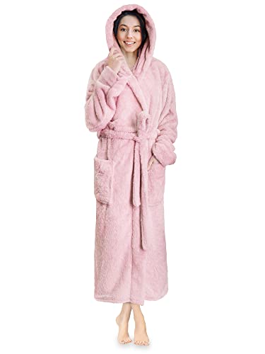 PAVILIA Women Hooded Plush Soft Robe | Fluffy Warm Fleece Sherpa Shaggy Bathrobe (S/M, Light Pink)