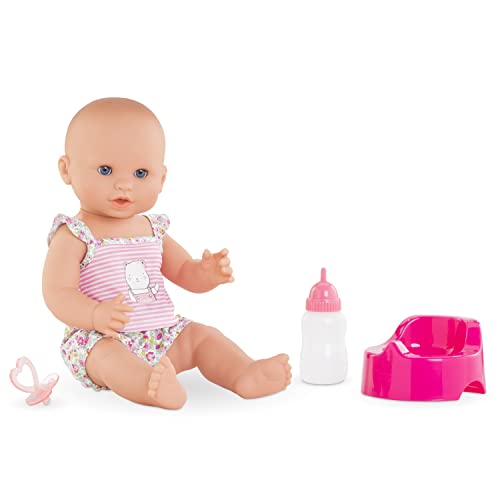 Corolle Drink and Wet Bath Baby Emma - 14” Girl Baby Doll with 3 Accessories - Bottle, Potty, and Pacifier - Really Drinks and Goes Potty, for Kids Ages 2 Years and up
