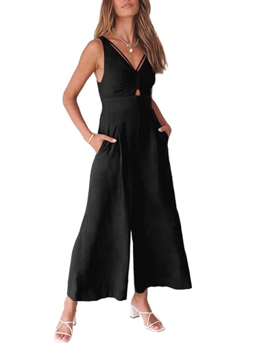 ANRABESS Women's Summer Wide Leg Jumpsuits Casual V Neck Smocked Cutout High Waist 2024 Spring Vacation Jumper Rompers Dressy A898-heise-XL