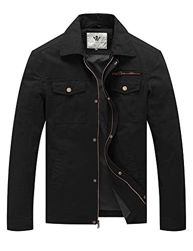 WenVen Men's Lightweight Canva Cotton Spring Military Coat Jacket (Black, S)