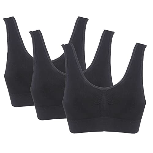 Genie Bra Womens 3 Bra Pack - Wireless Bra Pack, Solid Color Seamless Bra - Black - Large