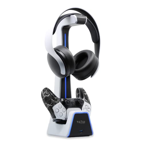 Tilted Nation RGB Headset and Controller Stand with Charging Station - for Playstation or PC - PS4 / PS5 Controller Holder with Charger - Headphone and Game Controller Holder for Desk - White