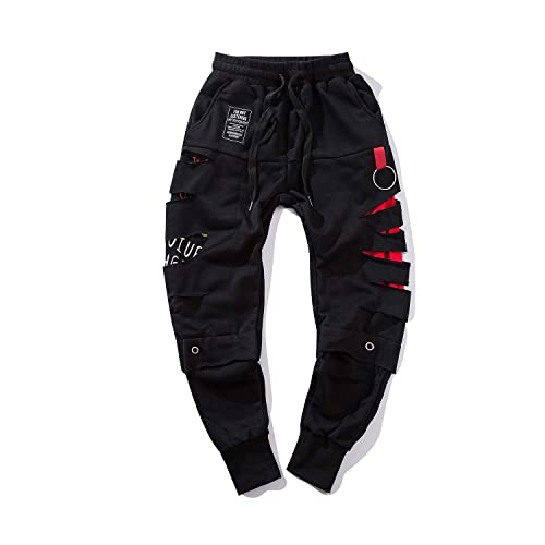 Niepce Inc Ripped Men's Streetwear Punk Jogger Pants (Medium) Black