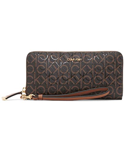 Calvin Klein Women's Key Item Saffiano Continental Zip Around Wallet with Wristlet Strap, Brown/Khaki/Caramel, One Size