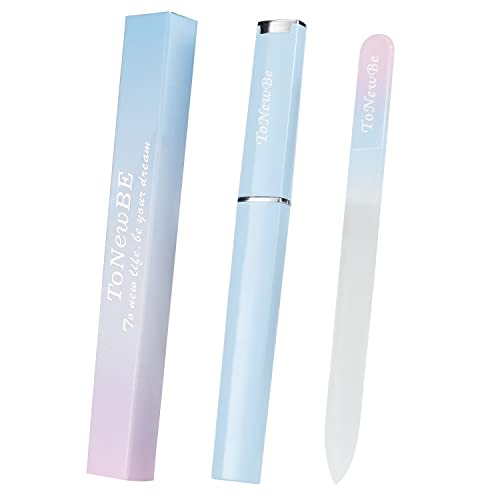 Glass Nail File in Case, Crystal Nail File, Glass Fingernail File, Manicure Nail Care, Gradient Color Czech Glass File, Double-Sided Etched Glass Nail File for Nail Art & Nail Care (Pink-Blue)