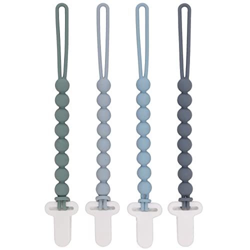 4-Pack Silicone Pacifier Clips with One-Piece Beads for Baby Boys and Girls - Flexible and Rust-Free Holders for Teething Relief and Baby Essentials, Safe for Newborns (Grey)