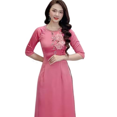 HoaDinh Vietnamese Traditional Ao Dai with Flowers On Comfortable Stretchy Tay Thi Fabric. Size S - 3XL (L)