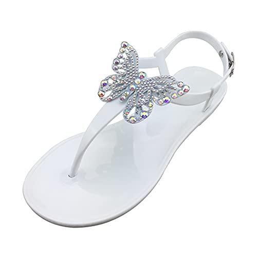 Women Strappy Ankle Wrap Buckle Flat Sandals with Rhinestone Open Toe Elastic Slip On Slingback Comfort Casual Slippers Sandals White_05, 8