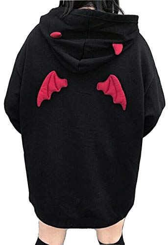 Womens Devil Wing Hoodie Long Sleeve Red Horn Gothic Sweatshirt Goth Alt Hoodies Pullover Tops L