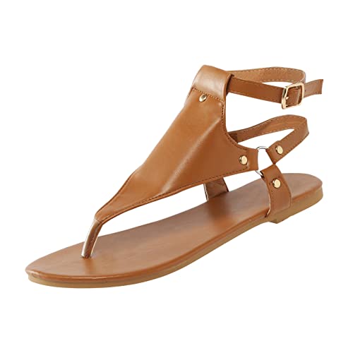 Women’s Flat Thong Sandals,Comfort Elastic Strap Rhinestone Open Toe Slip-On Casual Walking Sandals Rhinestone Decor Beach Shoes 06_Brown, 6.5
