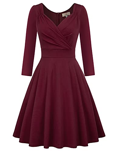 GRACE KARIN 3/4 Sleeve A-line Cocktail Dress Wine Red Wrap Dress Size L