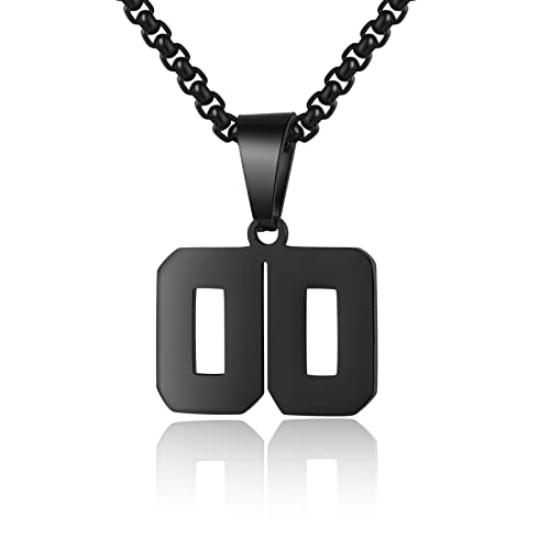 Number Necklace for Boy Black Athletes Number Stainless Steel Chain 00-99 Number Charm Pendant Personalized Sports Jewelry for Men Basketball Baseball Football(00)