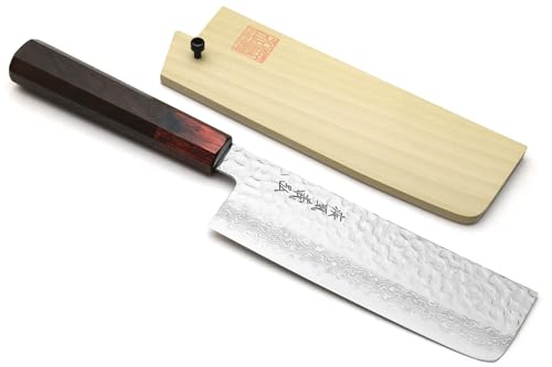 Yoshihiro VG-10 46 Layers Hammered Damascus Nakiri Japanese Vegetable Knife (6.5'' (165mm) Rosewood Handle)