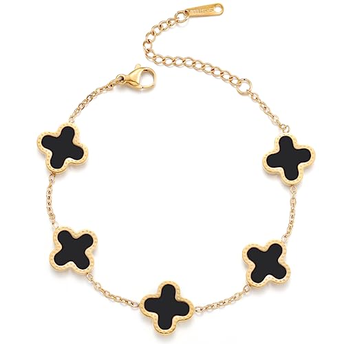 TICVRSS 18K Gold Plated Clover Bracelet for Women Adjustable Cute Fashion Simple Black Bracelet Lucky Bracelets Jewelry Gifts Trendy for Women Girls