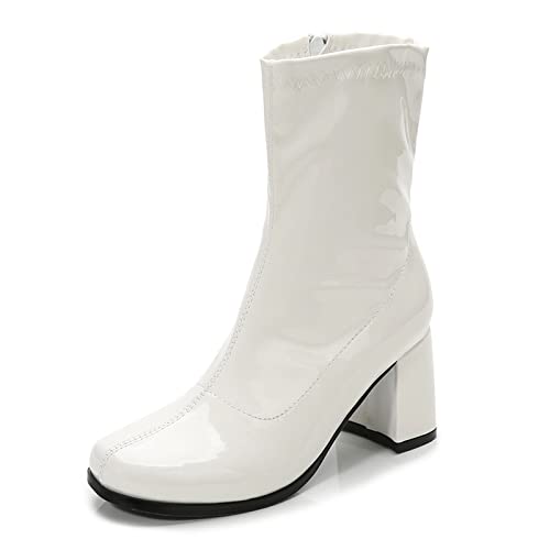 HEIYOM Women's Go Go Boots Mid Calf Block Heel Zipper Boot Disco Costume Winter Shoes for Women White-43(265/US11)