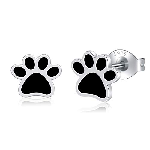 Step Forward Gift 925 Sterling Silver Paw Earrings Cute Tiny Jewelry Black Enamel Puppy Dog and Cat Paw Print Stud Earrings For Women And Girls Pet Lovers