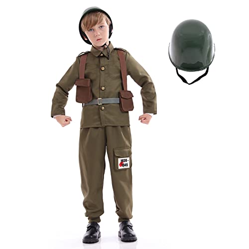 Funivals Army Soldier Costume Kids，Unisex WWII Soldier Dress Up with Helmet，Halloween Cosplay Outfit Boys，Khaki(XL)