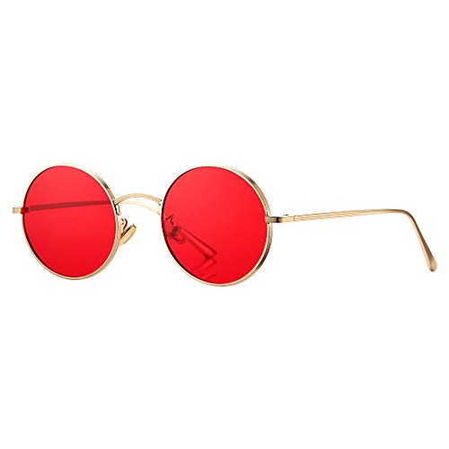 COASION Vintage Round Metal Sunglasses Small Red Halloween Glasses for Women Men (Gold Frame/Red Lens)