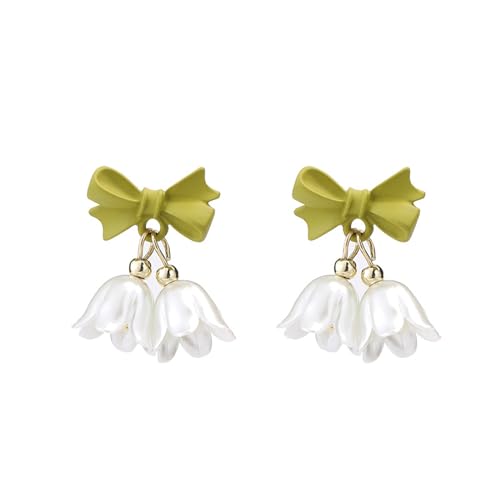 Lily of the Valley Flower Small Earrings for Women Girls Cute Charm Green Bow White Little Bell Floral Tassel Minimalist Dangle Drop Earrings for Birthday Holiday Daily Jewelry Gifts (White)