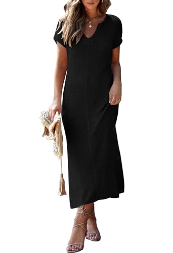 Pink Queen Women's Casual V Neck Short Sleeve Midi Dress Loose Side Slit Ribbed Knit Sundress Vacation Outfit Black M