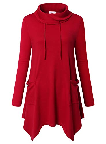 Bulotus Tunic Sweaters for Women, Women's Cowl Neck Tops Asymmetrical Hem Solid Jersey Aline Tunic Tops to Wear with Leggings with Pockets,Red,X-Large