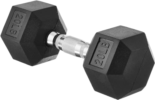 Amazon Basics Rubber Encased Exercise & Fitness Hex Dumbbell, Hand Weight for Strength Training, 20 lb, Black & Silver