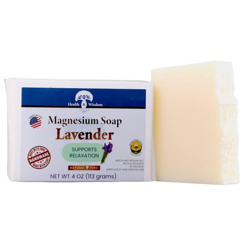 Health and Wisdom Magnesium Oil Soap Bar - Lavender 4oz | Made with Essential Oils | Hand and Body Soap | Pure Magnesium, Essential Oil and Aloe Vera | Moisturize Skin