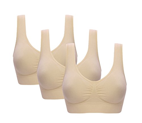 Vermilion Bird Women's 3 Pack Seamless Comfortable Sports Bra with Removable Pads Beige 3XL