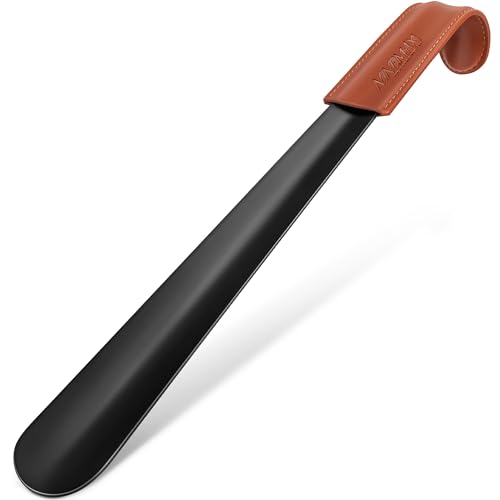 NINEMAX Shoe Horn Long Handle for Seniors - Metal 16.5' Long Boot Horn with Leather Handle for Men, Women