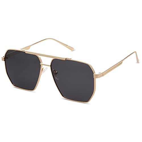 SOJOS Retro Oversized Square Polarized Sunglasses for Women Men Vintage Shades UV400 Classic Large Metal Sun Glasses SJ1161 with Golden/Black Lens