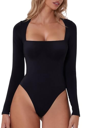QINSEN Black Bodysuit for Women Square Neck Long Sleeve Bodycon Shirt Tops L