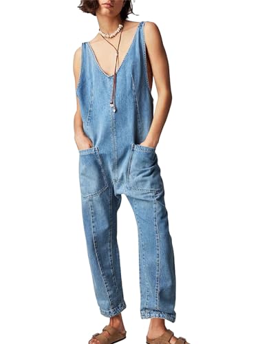 PLNOTME Women's Denim Overall Jumpsuits Sleeveless V Neck Adjustable Straps Jeans Long Pants Rompers